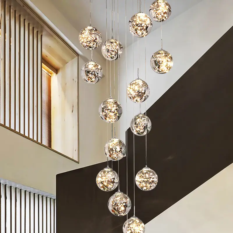 Large Glass Pendant Light Modern Glass Ball Long Pendant Light For Stair Hanging Europe Style Long Ceiling Chandelier Crystal