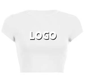 T-shirt court pour femme, impression personnalisée en gros, logo, couleur unie, été, col rond, coton, coupe ajustée, t-shirts courts pour femme - Product Image 5