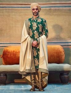 NEW HEAVY EMBROIDERY on GROOM BOTTLE GREEN SHERWANI, GOLDEN <b>PANT</b> WITH STOLE WITH EMBELLISHED CRYSTAL GLASS BEADS,DABKA WORK=2024 - Product Image 2