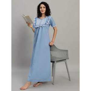 Camisón de Encaje 100% Algodón para Mujer, Manga Media, Largo Completo, Tejido Transpirable, Cuello Redondo Elegante, Primavera, Otoño, Verano - Product Image 1