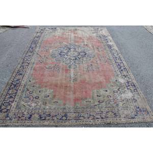 Alfombra Turca Vintage Grande, Ecológica, de Pelo Medio, Diseño Clásico de Parches Rojos y Azules, 6.6x9.1 pies, Material de Lana, Base de Látex - Product Image 1