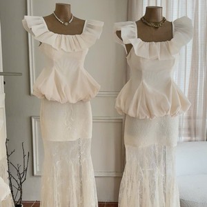 Ensemble deux pièces OEM pour femme, jupe longue en mousseline blanche à manches courtes, col carré, dentelle florale, coupe ajustée, respirant, séchage rapide - Product Image 5
