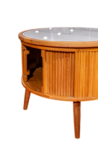 Prix de gros Table d'appoint ronde avec dessus en faux marbre blanc et finition en chêne à lattes - Product Image 5