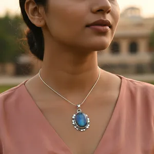 "Handmade 925 <b>Silver</b> Oval Blue Gemstone Religious <b>Charm</b> Pendant for Women" - Product Image 2