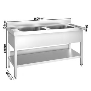 Évier commercial en acier inoxydable PREMIUM - 1600x600mm - avec double bac central - avec étagère inférieure - avec rebord - Product Image 2