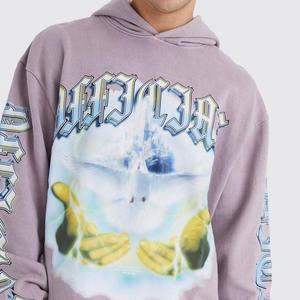 Venta al por mayor personalizado de gran tamaño Raw Hem lavado Loopback gráfico sudaderas con capucha de los hombres de algodón mezclado básico último diseño - Product Image 5