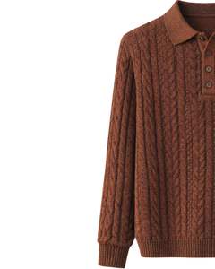 Custom Mens Rusted Brown <b>Wool</b> Cable Knit Polo Sweater Long Sleeve Button Neck Winter Warm Classic Pullover For Men Casual Wear - Product Image 3