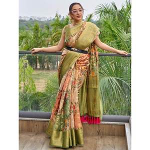 Sari de Organza con Estampado Floral Verde para Mujer, Conjunto Atractivo para Festivales - Product Image 4