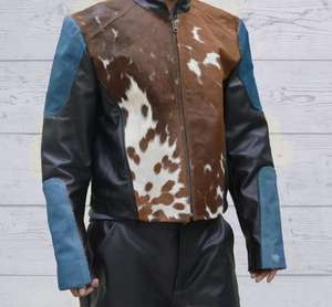 Veste en cuir de vache véritable pour homme, style western, marron et blanc, avec poils naturels - Product Image 1