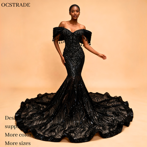 Ocstrade, usine chinoise, promotion, nouvelles arrivées, robe de bal sirène élégante en strass noir avec épaules dénudées - Product Image 1