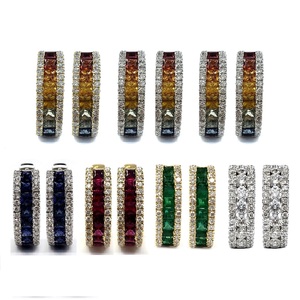 Bijoux sur mesure, tendance, coupe princesse, or blanc massif 18 carats de haute qualité, diamant véritable, saphir multicolore, boucles d'oreilles créoles, cadeau - Product Image 4