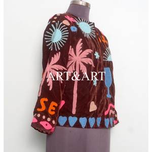 <b>Velvet</b> Artisan Hand Embroidered Suzani Quilted <b>Jacket</b> Floral Design 100% Cotton Shell Woven Fabric Eco-Friendly Quick Dry Cotton - Product Image 4