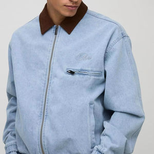 Chaqueta de mezclilla personalizada OEM con cremallera y cuello superior para hombre, chaqueta vaquera informal de manga larga con Cuello medio lavado, alta calidad - Product Image 1