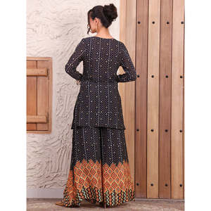 Conjunto Coordinado de Chifón de Viscosa Pura con Estampado Bandhani Negro para Mujer, Estilo Bohemio para Primavera/Verano - Product Image 5
