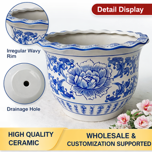 Pot de fleurs en céramique bleu et blanc <span class=keywords><strong>à</strong></span> motifs floraux, grand pot <span class=keywords><strong>à</strong></span> fleurs fait <span class=keywords><strong>à</strong></span> la main avec trou de drainage <span class=keywords><strong>pour</strong></span> la maison, le jardin, vente en gros - Product Image 2