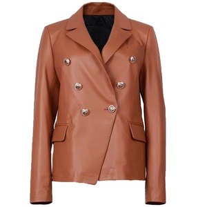 แจ็กเก็ตเบลเซอร์หนังแกะแท้สำหรับสุภาพสตรีเสื้อแจ็คเก็ตหนังสไตล์วินเทจสำหรับ2025ฤดูใบไม้ผลิ - Product Image 1