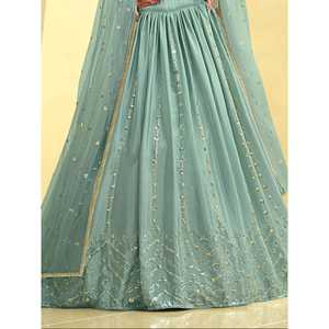 Lehenga Choli de Seda Chinon Talla XL con Lentejuelas Azul Cielo Bordadas y Dupatta - Product Image 2