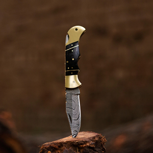 Cuchillo plegable hecho a mano de acero de Damasco de grado Industrial de alta calidad, mango de madera Pakka, cuchillos de bolsillo para acampar, Funda de cuero OEM - Product Image 2