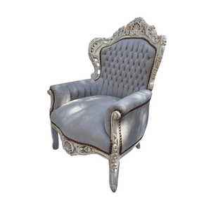 Luxury Hand-Carved Baroque Armchair Ivory White Gilded Frame Tufted Fabric Throne Chair - Product Image 1