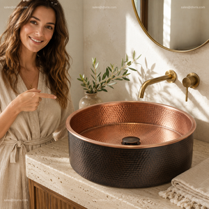 DIVRIS Lavabo de Cobre Forjado Artesanal, Redondo, de un Solo Tazón, para Instalar Sobre Encimera, Estilo Rústico, Acabado Mate, Grifo de 16 Pulgadas - Product Image 2