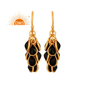 Boucles d'oreilles chandelier en argent sterling plaqué or 18 carats Boucles d'oreilles en pierres précieuses d'onyx noir Bijoux Collection classique en gros - Product Image 4