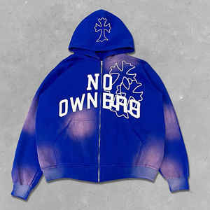 Alta calidad Zip Up Sun Faded Hoodie personalizado bordado apliques ácido lavado 420GSM peso pesado suéter hombres mujeres sudadera - Product Image 6