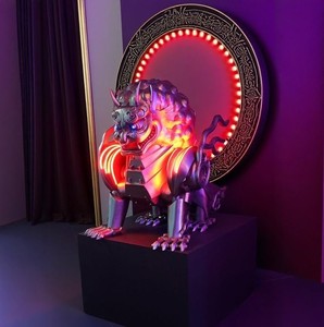 Statue <span class=keywords><strong>de</strong></span> Bête Gardienne Lumineuse LED Personnalisée Centre Commercial Photo Spot Miroir Finition Chromée <span class=keywords><strong>Fibre</strong></span> <span class=keywords><strong>de</strong></span> <span class=keywords><strong>Verre</strong></span> Cyber Lion Sculpture - Product Image 1
