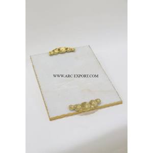 Conception de plateau de serveur de nourriture en marbre à cadre en métal poli doré de grande qualité en gros de table décorative de mariage - Product Image 6