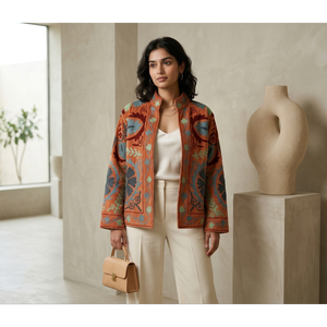 Elegant Hand Embroidered Floral Blazer <b>Mandarin</b> <b>Collar</b> Full Sleeve Cotton Spring Women's <b>Jacket</b> - Product Image 4