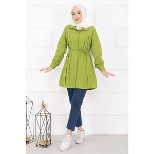 Camisa Hijab Verde Oliva de Longitud Completa con Botones Ocultos y Detalle de Pliegues, Blusa Modesta - Product Image 1