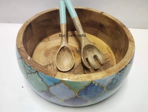 Factory Wholesale Price High Grade Enamel Printed Wooden Salad <b>Bowl</b> 12 Inch Acacia Wood Salad <b>Bowls</b> <b>Set</b> Large Salad Mixing <b>Bowl</b> - Product Image 3