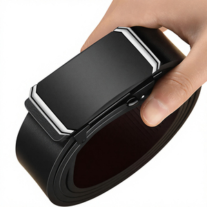 Men's Automatic Buckle <b>Belt</b> Solid Black Cow Hide Leather Formal Style Geometric Design Durable One-Piece Molding - Product Image 5