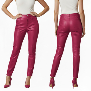 Pantalones de Lona y Cuero de Cintura Media para Mujer, Estilo Urbano, Ajustados, Invierno, Ecológicos, Resistentes al Viento, Morado y Marrón - Product Image 4