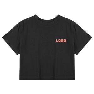 Tops cortos lisos holgados de algodón 100% de calidad superior, camiseta recortada de manga corta con cuello redondo para mujer, Impresión de logotipo personalizado - Product Image 5