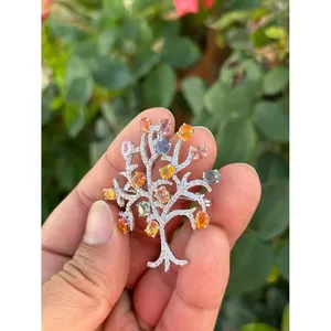 925 Silver Multi-Sapphire <b>Tree</b> Brooch & Pendant Gold Plated with Diamond for Engagement Wedding or Party - Product Image 4