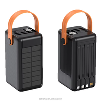 Batterie externe solaire d'urgence noire 50000mAh 22.5W pour extérieur avec 4 câbles intégrés, lampe torche LED, support et poignée de transport