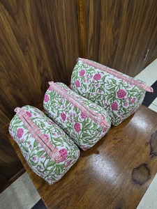 Algodón ecológico Vintage grande acolchado Floral blanco para Set 3 bolsas de cosméticos cierre de cremallera estuche impermeable estampado de bloque - Product Image 4