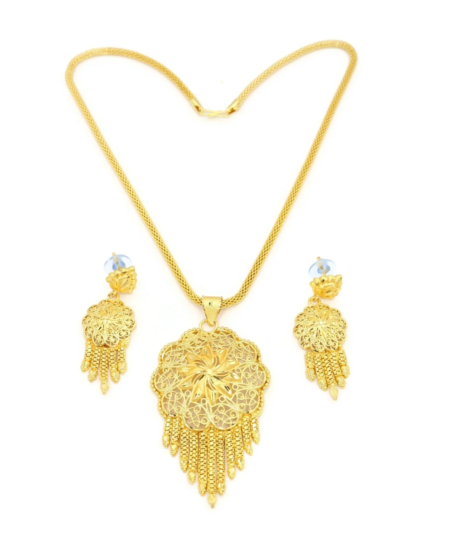 Women's Fashion Dubai Gold Plated Flower Shape Chain Necklace Pendent Earring Set Imitation Dubai Jewelry Fashion