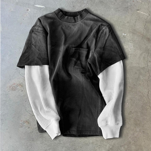 Vintage lavé manches longues Double couche gaufré tricoté manches col rond surdimensionné poche avant 100% coton été T-Shirts - Product Image 3