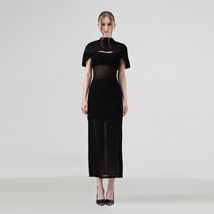 Robe longue en maille tricotée en coton mélangé pour femmes Body Fit Style de soirée droit en noir extensible vêtements confortables - Product Image 5