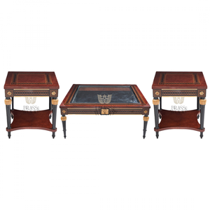 Juego de Mesa de Centro de Madera con Cubierta de Vidrio Clásico de Lujo con Detalles Dorados - Product Image 1