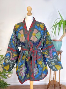 Grey Suzani Kimono Robe, Embroidered Boho Kimono <b>Jacket</b>, Handmade Cotton Wrap Robe, Tribal Festival Kimono - Product Image 5