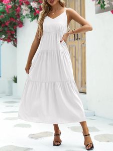 Prix de gros solide uni 100% rayonne Maxi robe blanc dos nu lâche été bohème décontracté Maxi robe - Product Image 3
