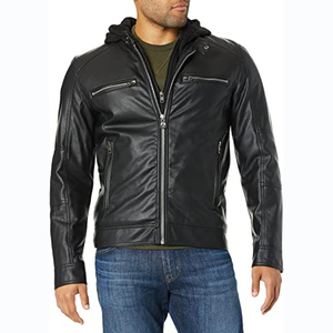 Veste en cuir véritable à capuche de motard pour homme - Product Image 1