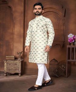 BORDADO DE SEDA ITALIANA A LA MODA Y DIFERENTES COLORES TRABAJO DE HILO KURTA PAYJAMA PARA ROPA DE BODA PARA HOMBRE ROPA ÉTNICA - Product Image 1