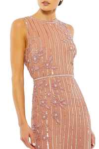 Robe de soirée formelle perlée au genou en mousseline de soie florale gaine ajustée sans manches taille naturelle taille libre soie lavable - Product Image 3