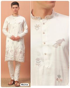 Kurta/Payjama pour homme en soie brodée et ornée de paillettes, séchage rapide, formel, pour les fêtes indiennes et pakistanaises, mariage, toutes saisons - Product Image 1