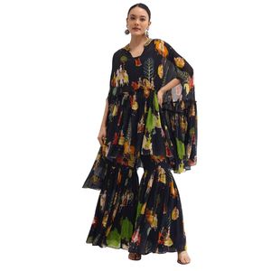 Set Sharara con Top corto in Georgette stampato nero con Dupatta per feste matrimonio Festive per feste estive indiane - Product Image 1