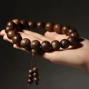 Bracelets unisexes en bois d'agar de 7 mm en forme de boule avec perles d'améthyste et d'agate, cadeau religieux bouddhiste - Product Image 1