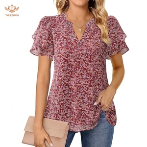 Blusa de gasa elegante para mujer de alta calidad Puff Petal manga cuello en V Casual verano trabajo Tops manga corta camisas elegantes OEM ODM - Product Image 1